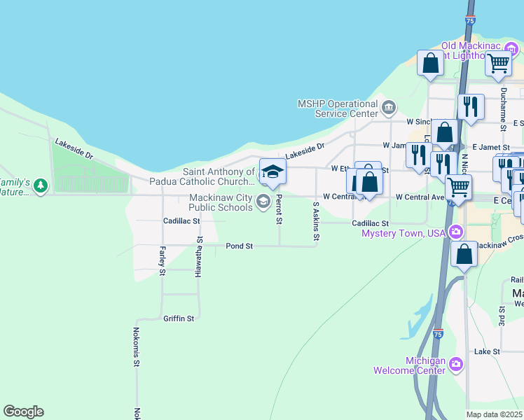 map of restaurants, bars, coffee shops, grocery stores, and more near 609 West Central Avenue in Mackinaw City