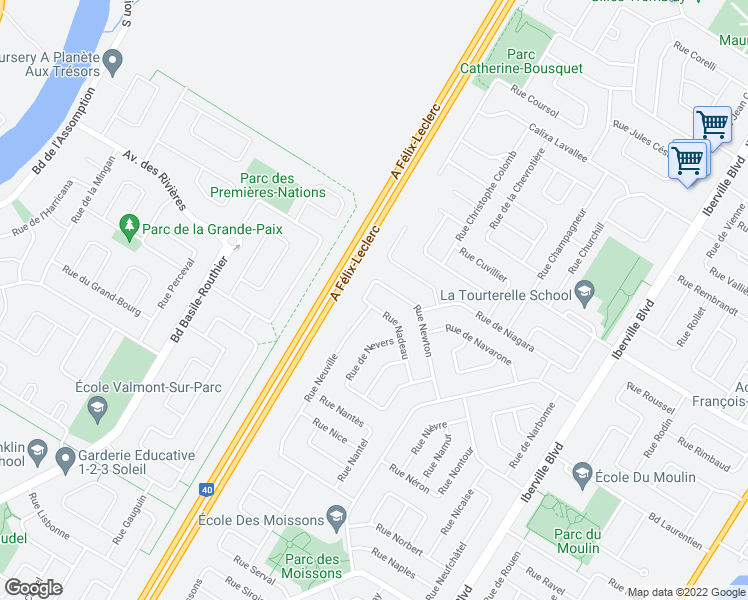 map of restaurants, bars, coffee shops, grocery stores, and more near 281 Rue Nadeau in Repentigny