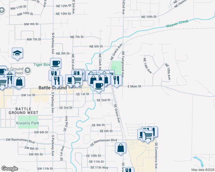 map of restaurants, bars, coffee shops, grocery stores, and more near 14 Northeast Grace Avenue in Battle Ground