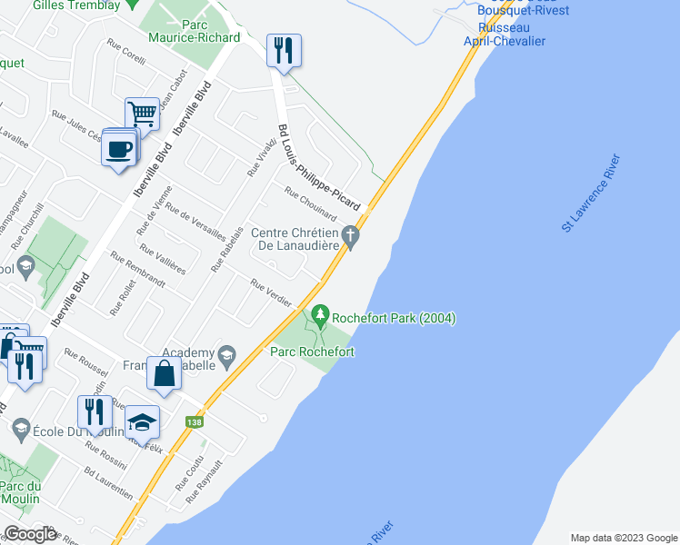 map of restaurants, bars, coffee shops, grocery stores, and more near 1338 A Rue Notre-Dame in Repentigny