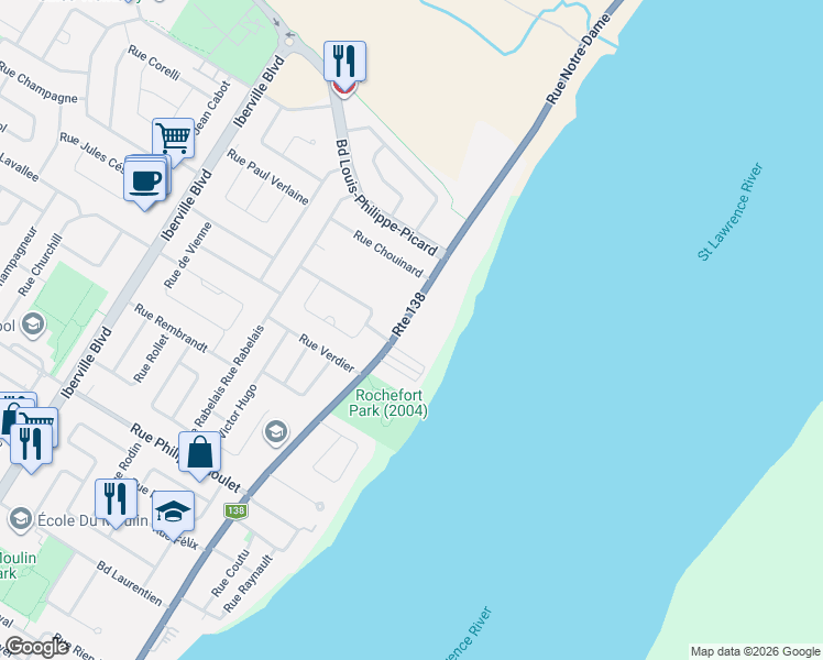 map of restaurants, bars, coffee shops, grocery stores, and more near 1338 A Rue Notre-Dame in Repentigny