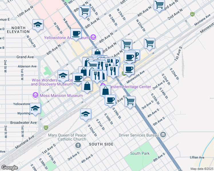 map of restaurants, bars, coffee shops, grocery stores, and more near 2822 Montana Avenue in Billings