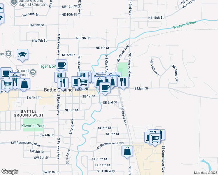 map of restaurants, bars, coffee shops, grocery stores, and more near 16 Northeast Clark Avenue in Battle Ground