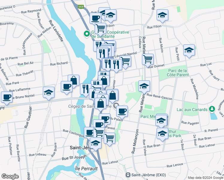 map of restaurants, bars, coffee shops, grocery stores, and more near 498 Rue Fournier in Saint-Jérôme