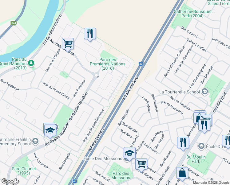 map of restaurants, bars, coffee shops, grocery stores, and more near 1392 Rue de la Outaouais in Repentigny