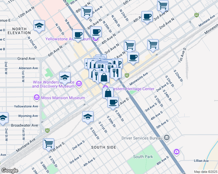 map of restaurants, bars, coffee shops, grocery stores, and more near 2 North Broadway in Billings