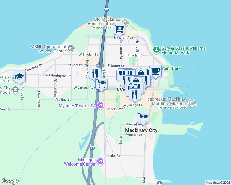 map of restaurants, bars, coffee shops, grocery stores, and more near 118 East Central Avenue in Mackinaw City