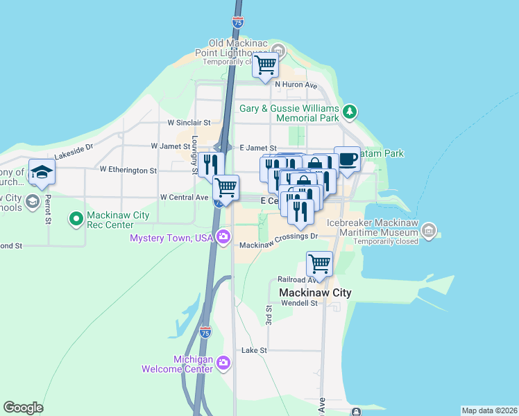 map of restaurants, bars, coffee shops, grocery stores, and more near 118 East Central Avenue in Mackinaw City