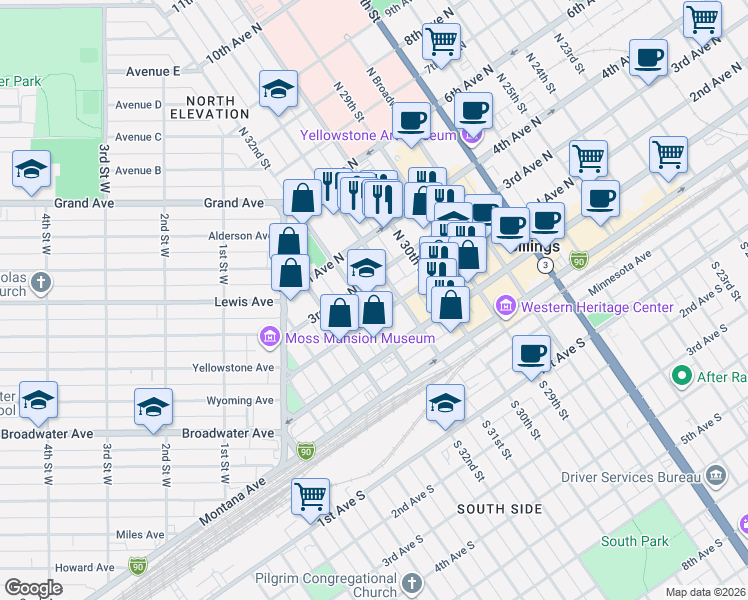 map of restaurants, bars, coffee shops, grocery stores, and more near 224 North 31st Street in Billings