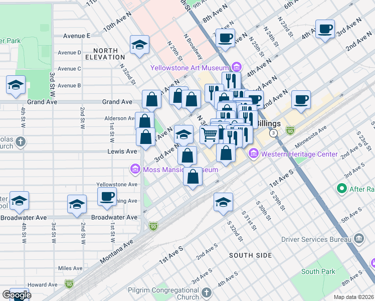 map of restaurants, bars, coffee shops, grocery stores, and more near 224 North 31st Street in Billings