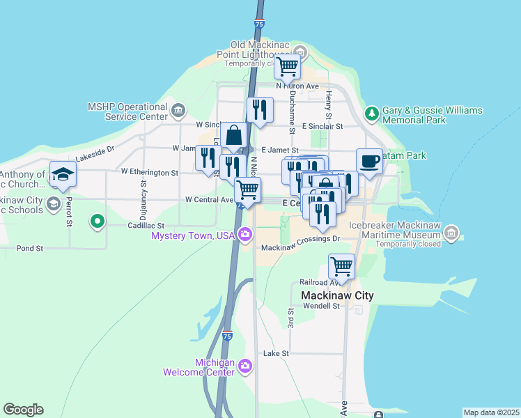 map of restaurants, bars, coffee shops, grocery stores, and more near 102 East Central Avenue in Mackinaw City