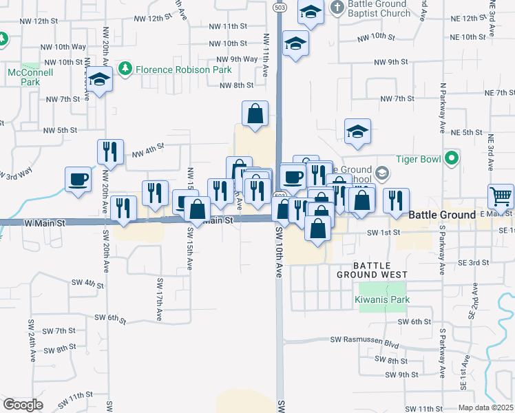 map of restaurants, bars, coffee shops, grocery stores, and more near 19 Northwest 12th Avenue in Battle Ground