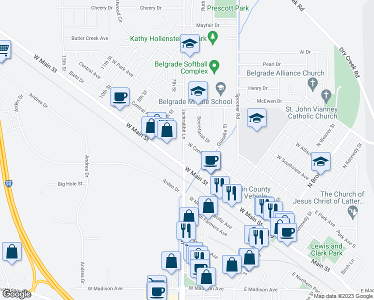 map of restaurants, bars, coffee shops, grocery stores, and more near 98 Jackrabbit Lane in Belgrade