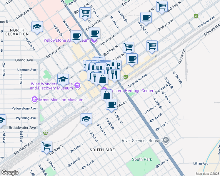 map of restaurants, bars, coffee shops, grocery stores, and more near 1 North Broadway in Billings
