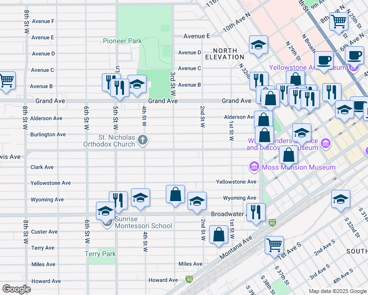map of restaurants, bars, coffee shops, grocery stores, and more near 231 Lewis Avenue in Billings