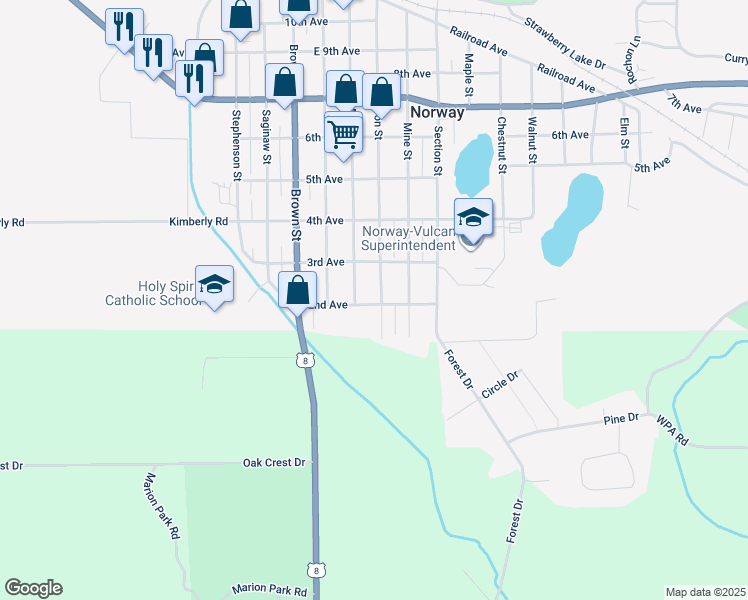 map of restaurants, bars, coffee shops, grocery stores, and more near 228 Iron St in Norway