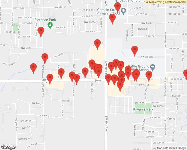 map of restaurants, bars, coffee shops, grocery stores, and more near 19 Northwest 12th Avenue in Battle Ground