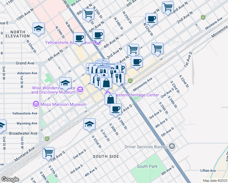 map of restaurants, bars, coffee shops, grocery stores, and more near 1 North Broadway in Billings