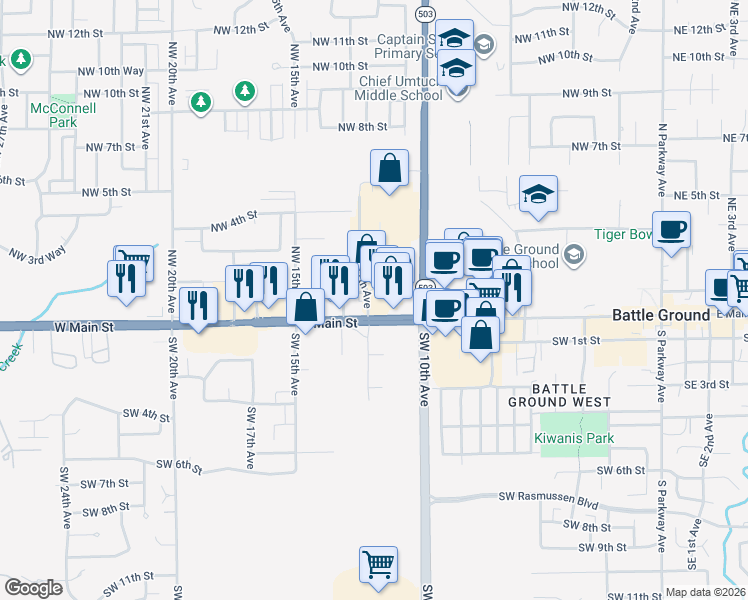 map of restaurants, bars, coffee shops, grocery stores, and more near 101 Northwest 12th Avenue in Battle Ground