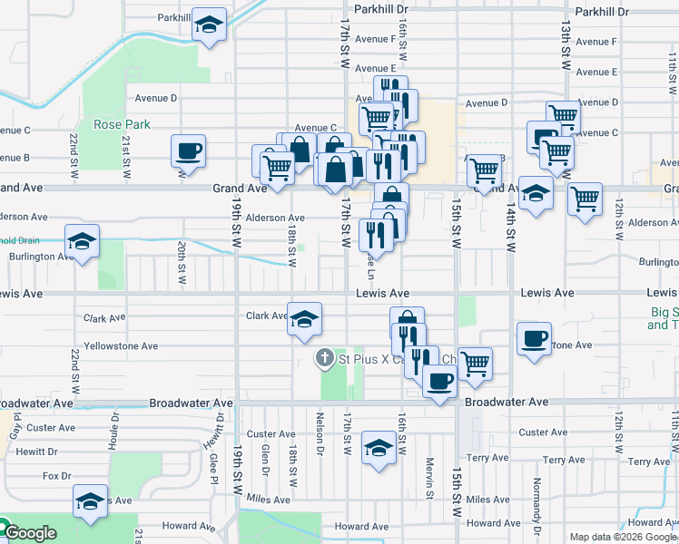 map of restaurants, bars, coffee shops, grocery stores, and more near 1120 17th Street West in Billings