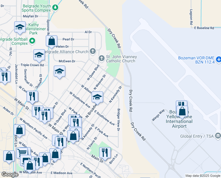 map of restaurants, bars, coffee shops, grocery stores, and more near 504 North Broadway in Belgrade
