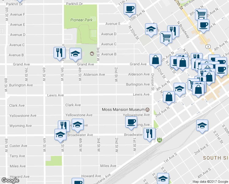 map of restaurants, bars, coffee shops, grocery stores, and more near 207 Lewis Avenue in Billings