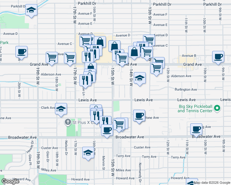 map of restaurants, bars, coffee shops, grocery stores, and more near 12 Sheri Lane in Billings