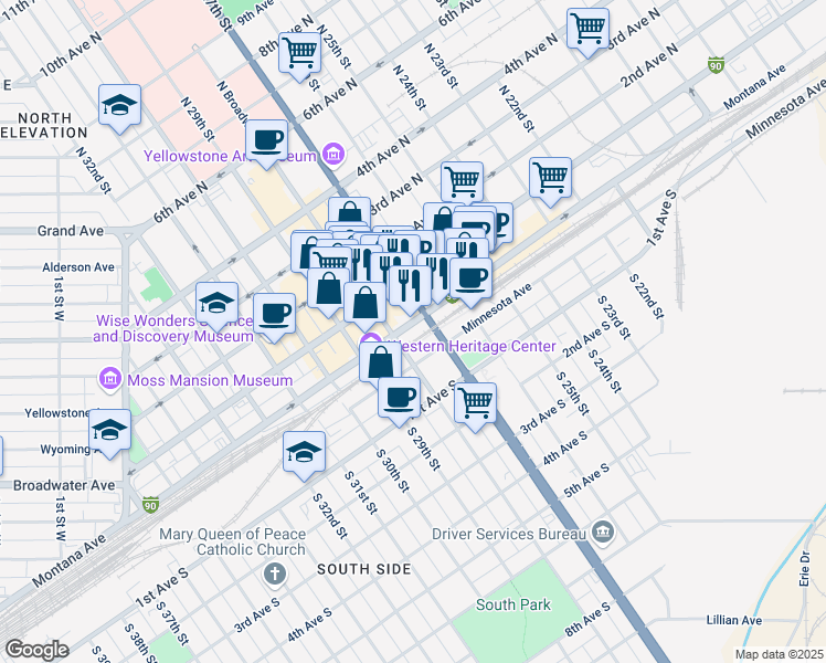 map of restaurants, bars, coffee shops, grocery stores, and more near 2718 Montana Avenue in Billings
