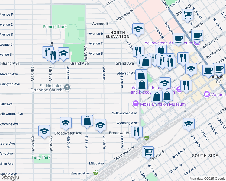 map of restaurants, bars, coffee shops, grocery stores, and more near 123 Lewis Avenue in Billings