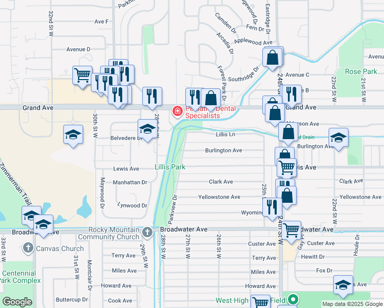 map of restaurants, bars, coffee shops, grocery stores, and more near 2644 Burlington Avenue in Billings