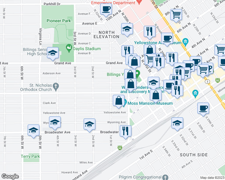 map of restaurants, bars, coffee shops, grocery stores, and more near 43 Lewis Avenue in Billings