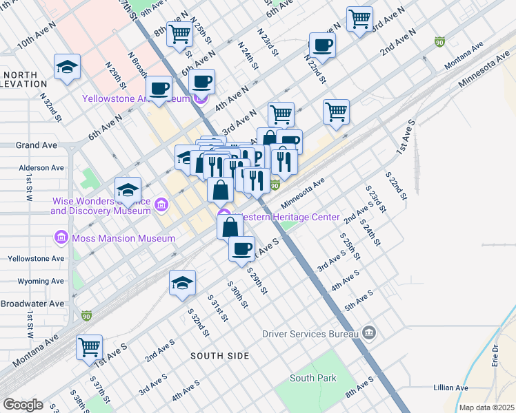 map of restaurants, bars, coffee shops, grocery stores, and more near 2702 Montana Avenue in Billings