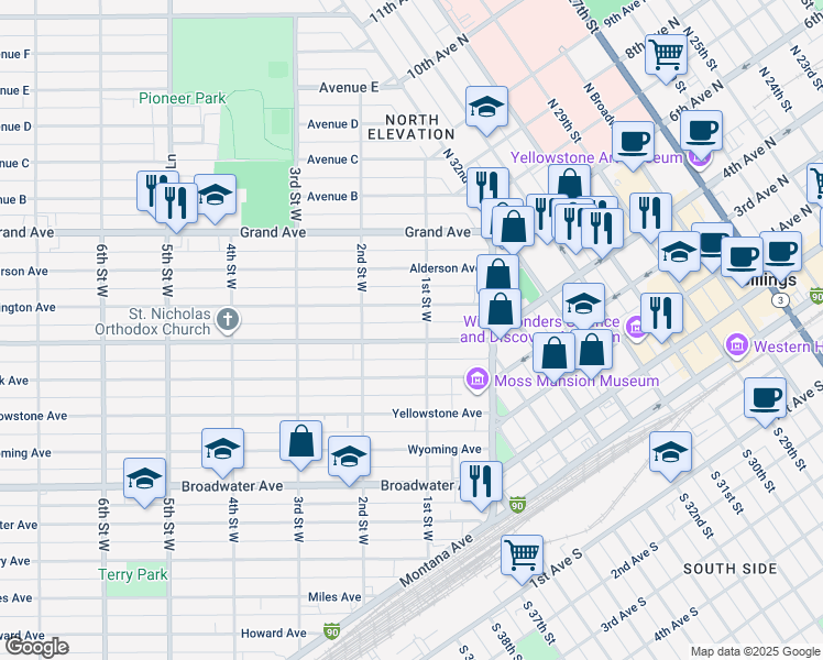map of restaurants, bars, coffee shops, grocery stores, and more near 123 Lewis Avenue in Billings