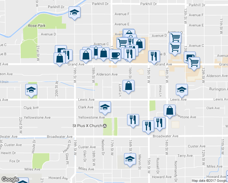 map of restaurants, bars, coffee shops, grocery stores, and more near 1116 16th Street West in Billings