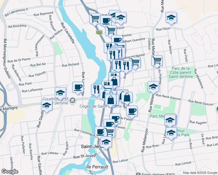 map of restaurants, bars, coffee shops, grocery stores, and more near 531 Rue Labelle in Saint-Jérôme