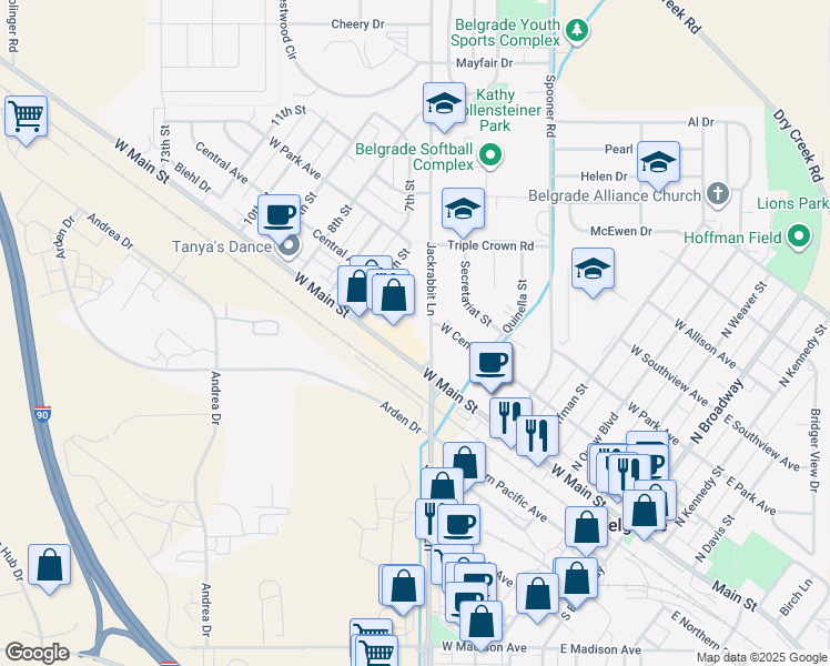 map of restaurants, bars, coffee shops, grocery stores, and more near 19601 Frontage Road in Belgrade