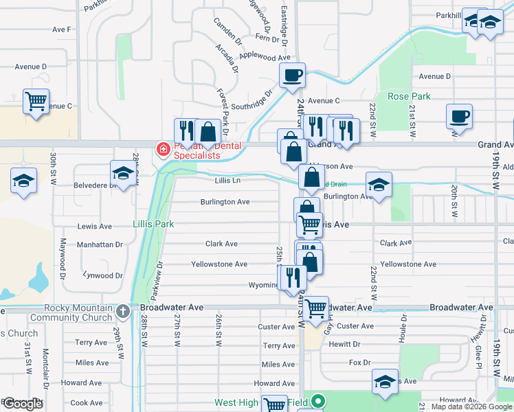 map of restaurants, bars, coffee shops, grocery stores, and more near 2524 Burlington Avenue in Billings