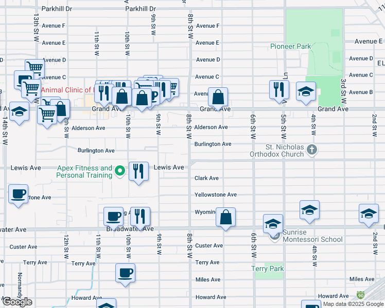 map of restaurants, bars, coffee shops, grocery stores, and more near 1111 8th Street West in Billings