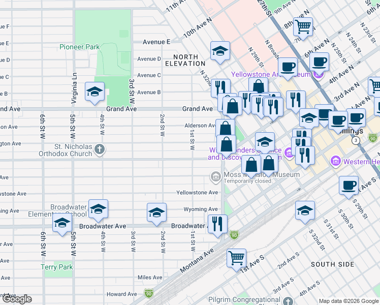 map of restaurants, bars, coffee shops, grocery stores, and more near 43 Lewis Avenue in Billings