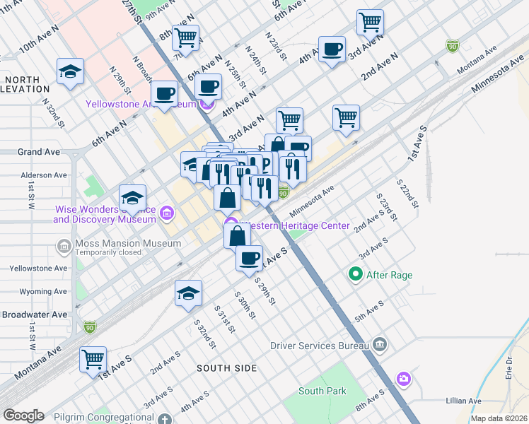 map of restaurants, bars, coffee shops, grocery stores, and more near 2702 Montana Avenue in Billings