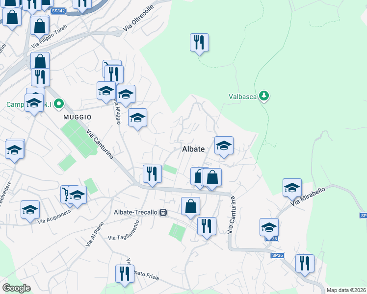map of restaurants, bars, coffee shops, grocery stores, and more near 35 Via Sant'Antonino in Como