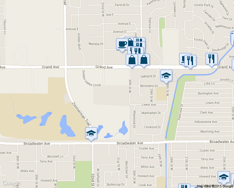 map of restaurants, bars, coffee shops, grocery stores, and more near 1200 30th Street West in Billings