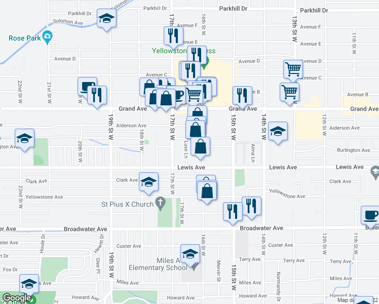 map of restaurants, bars, coffee shops, grocery stores, and more near 1116 16th Street West in Billings