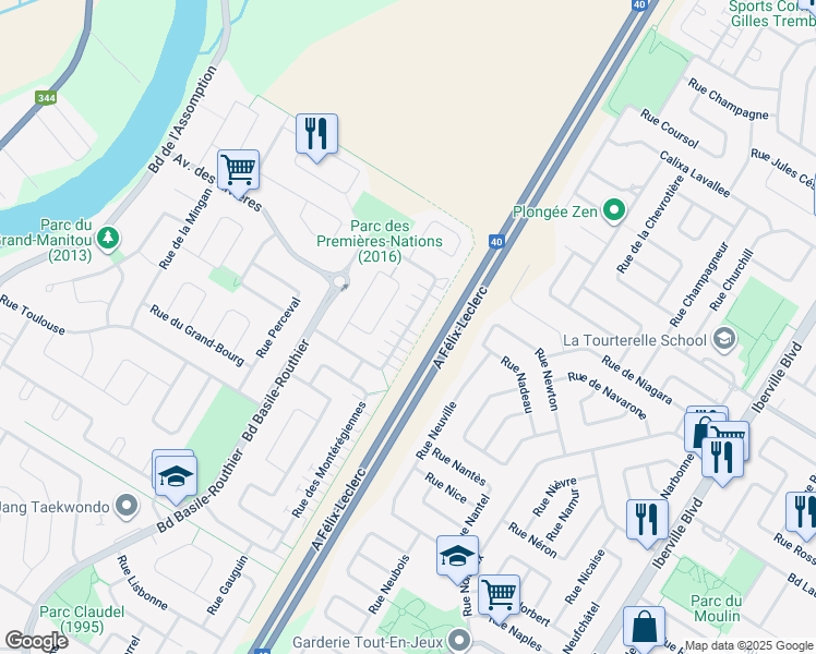 map of restaurants, bars, coffee shops, grocery stores, and more near Rue des Outaouais in Repentigny