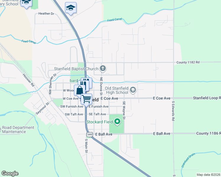 map of restaurants, bars, coffee shops, grocery stores, and more near 430 Northeast Wood Avenue in Stanfield