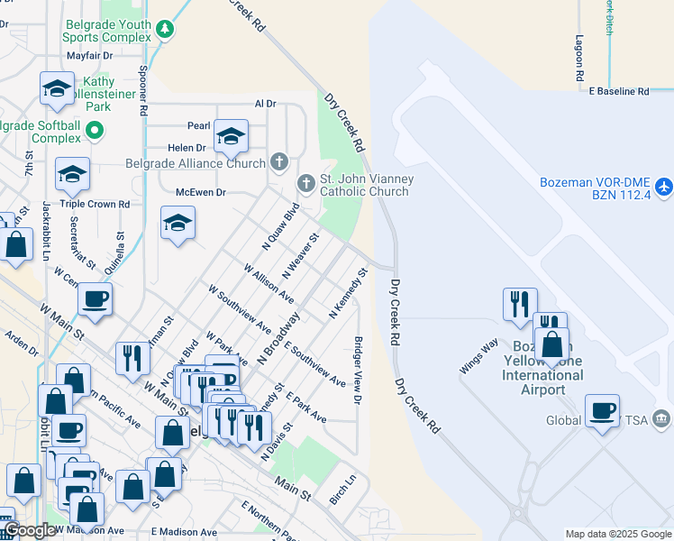 map of restaurants, bars, coffee shops, grocery stores, and more near 504 North Broadway in Belgrade