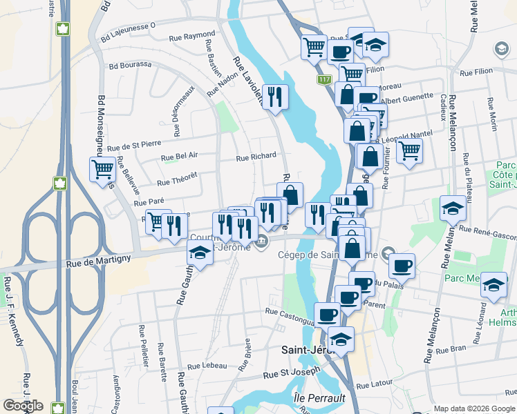 map of restaurants, bars, coffee shops, grocery stores, and more near 39 Rue Laflamme in Saint-Jérôme