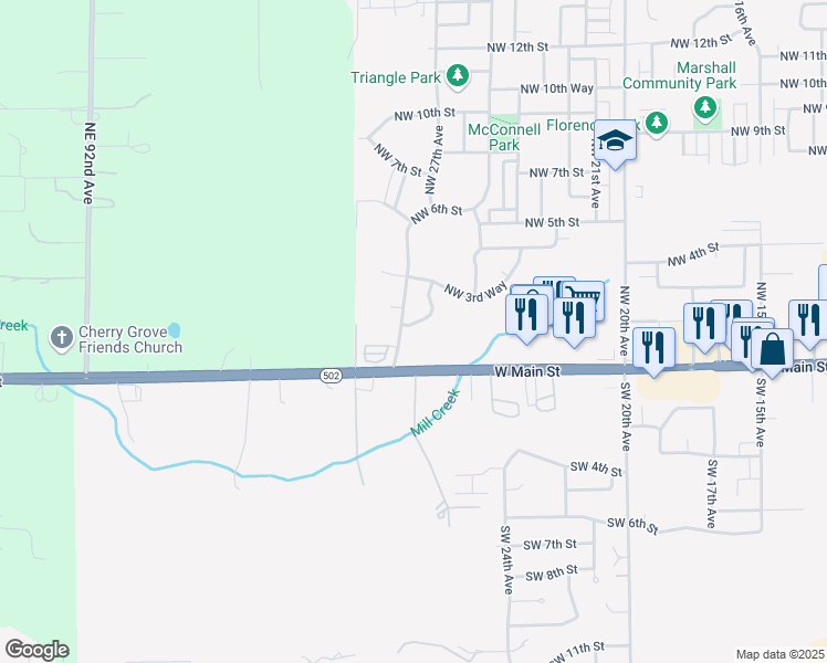 map of restaurants, bars, coffee shops, grocery stores, and more near 2811 NW 1st Way in Battle Ground