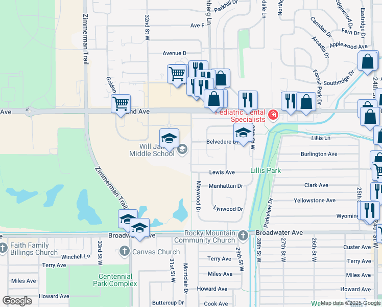 map of restaurants, bars, coffee shops, grocery stores, and more near 1200 30th Street West in Billings