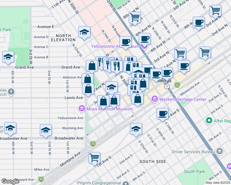 map of restaurants, bars, coffee shops, grocery stores, and more near 224 North 31st Street in Billings